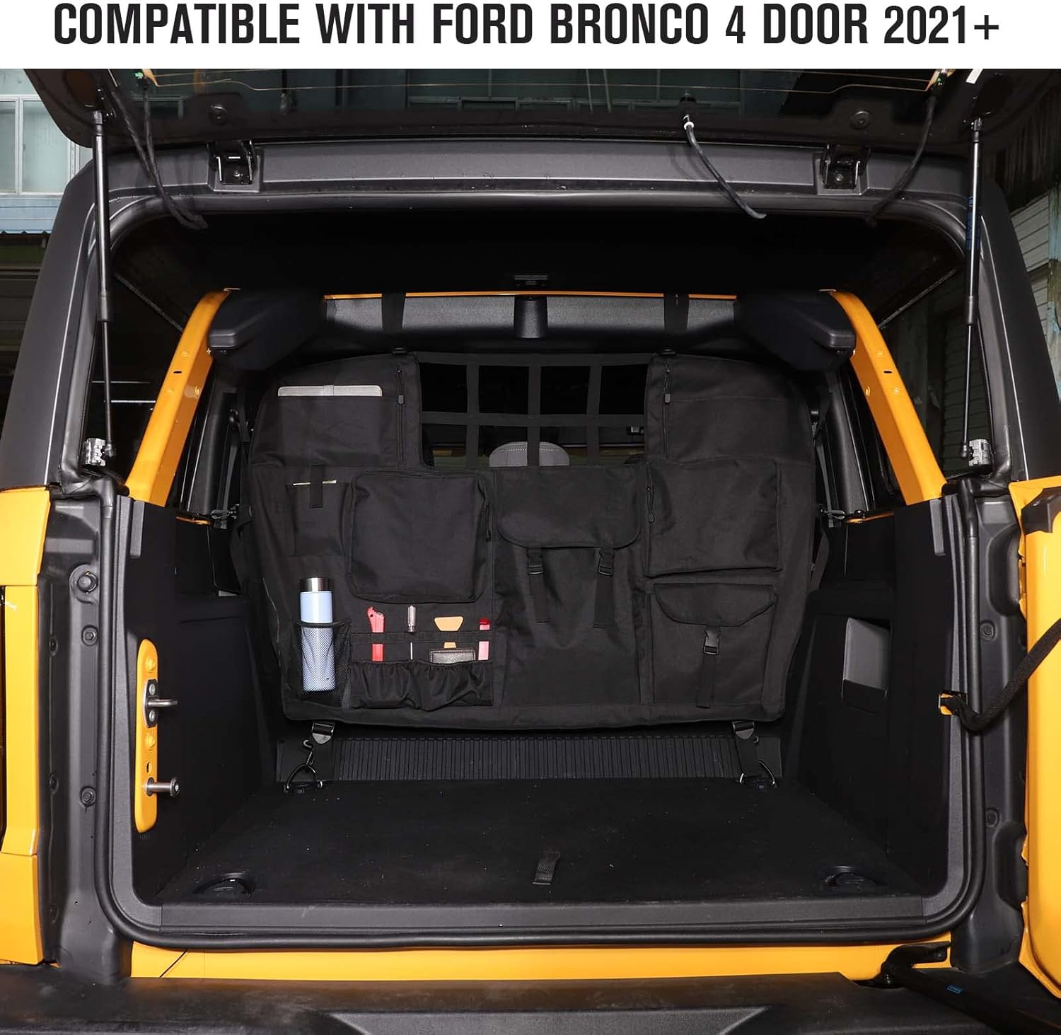 Jimen Compatible with Ford Bronco 4-Door 2021-2023, Rear Seat Dog Divider Pet Barrier Cargo Net, Trunk Organizer Pouch Bag Interior Storage Accessories