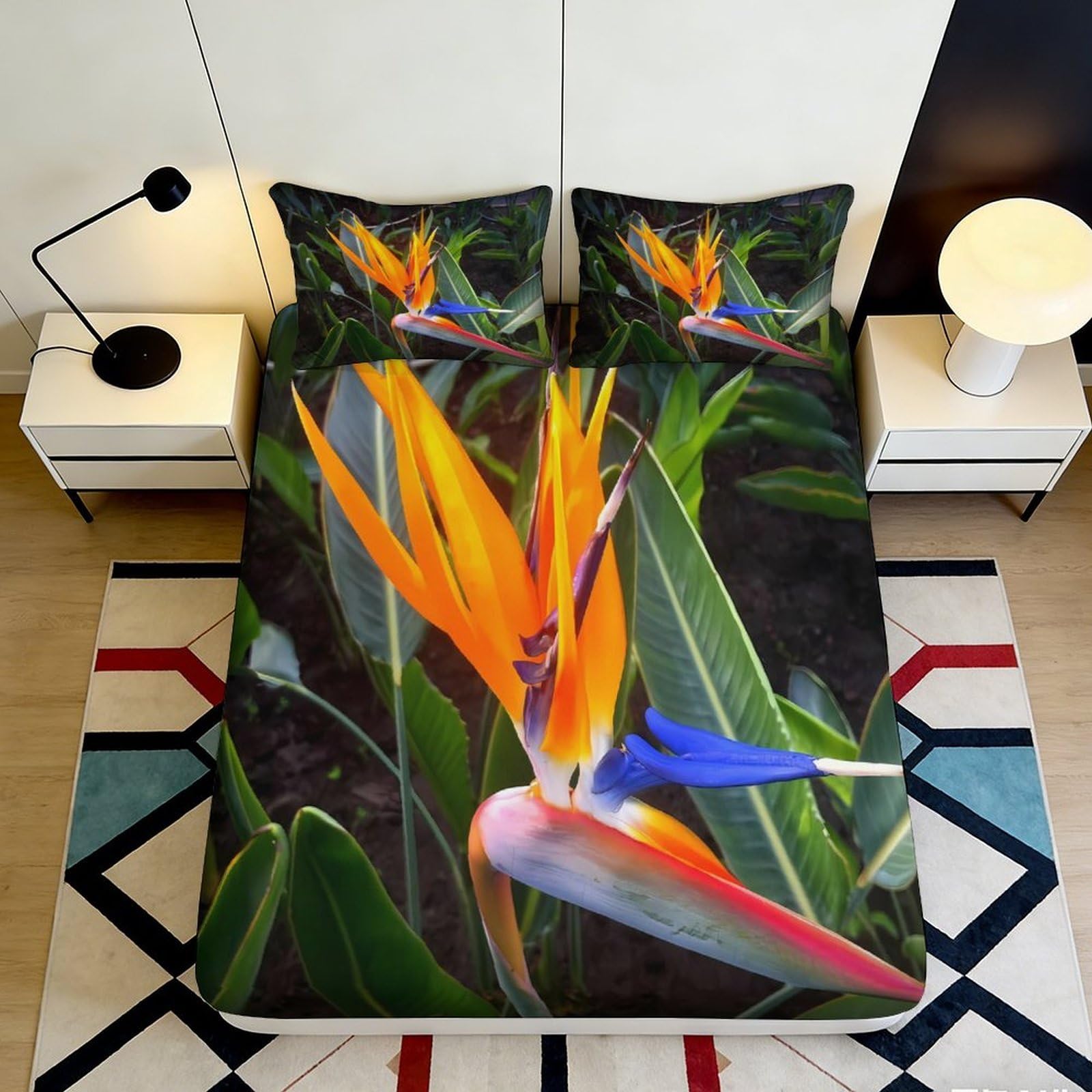 3D Printed Tropical Bird of Paradise Fitted Sheet Microfiber Soft Mattress Cover Vibrant Leaf Bed Decor for Bedroom 90x200x25cm