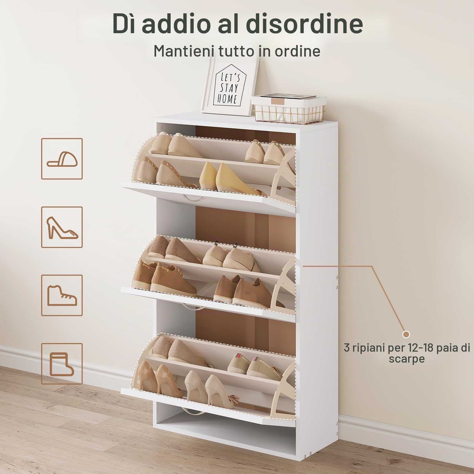 WOLTU Scarpiera Salvaspazio Slim e Alta, Porta Scarpe con 3 Ante a Ribalta, Organizer per Scarpe con Divisori Staccabili, Scarpiera Bianca in Legno per Ingresso, Corridoio