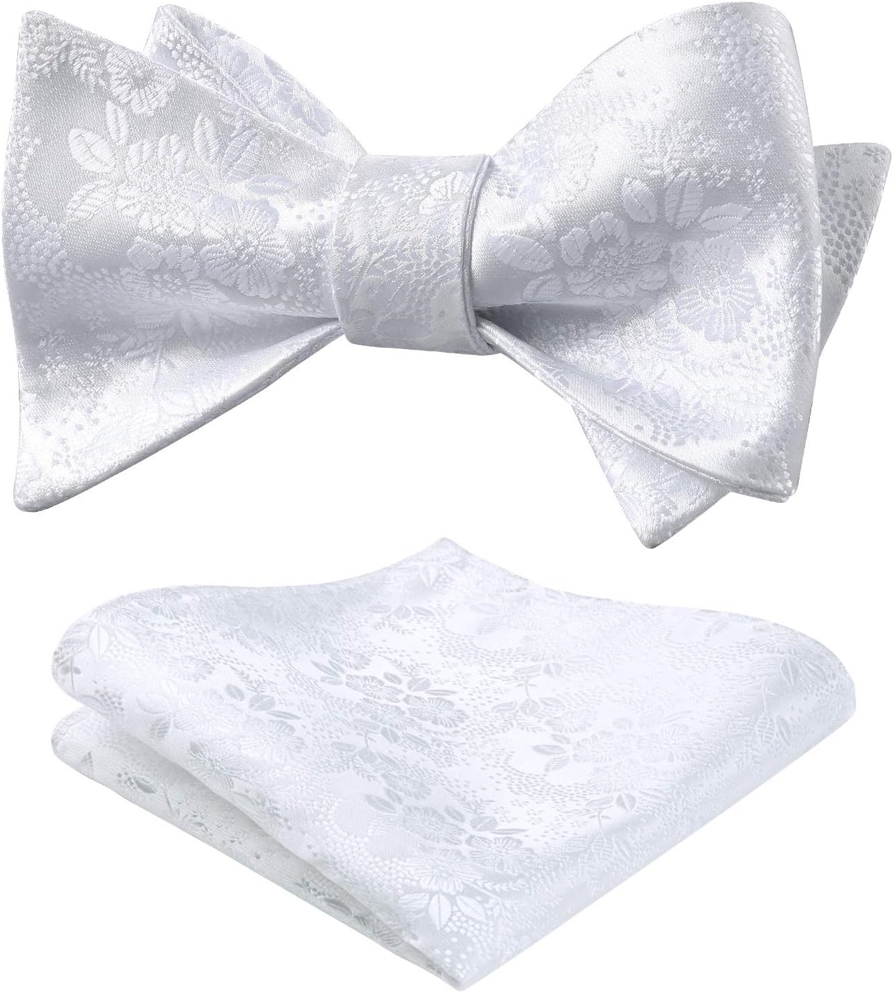 HISDERN White Bow Ties for Men Wedding Pure White Self Tie Bow Tie Classic Jacquard Floral Bowties Silk Woven Bow Tie and Pocket Square Set Business