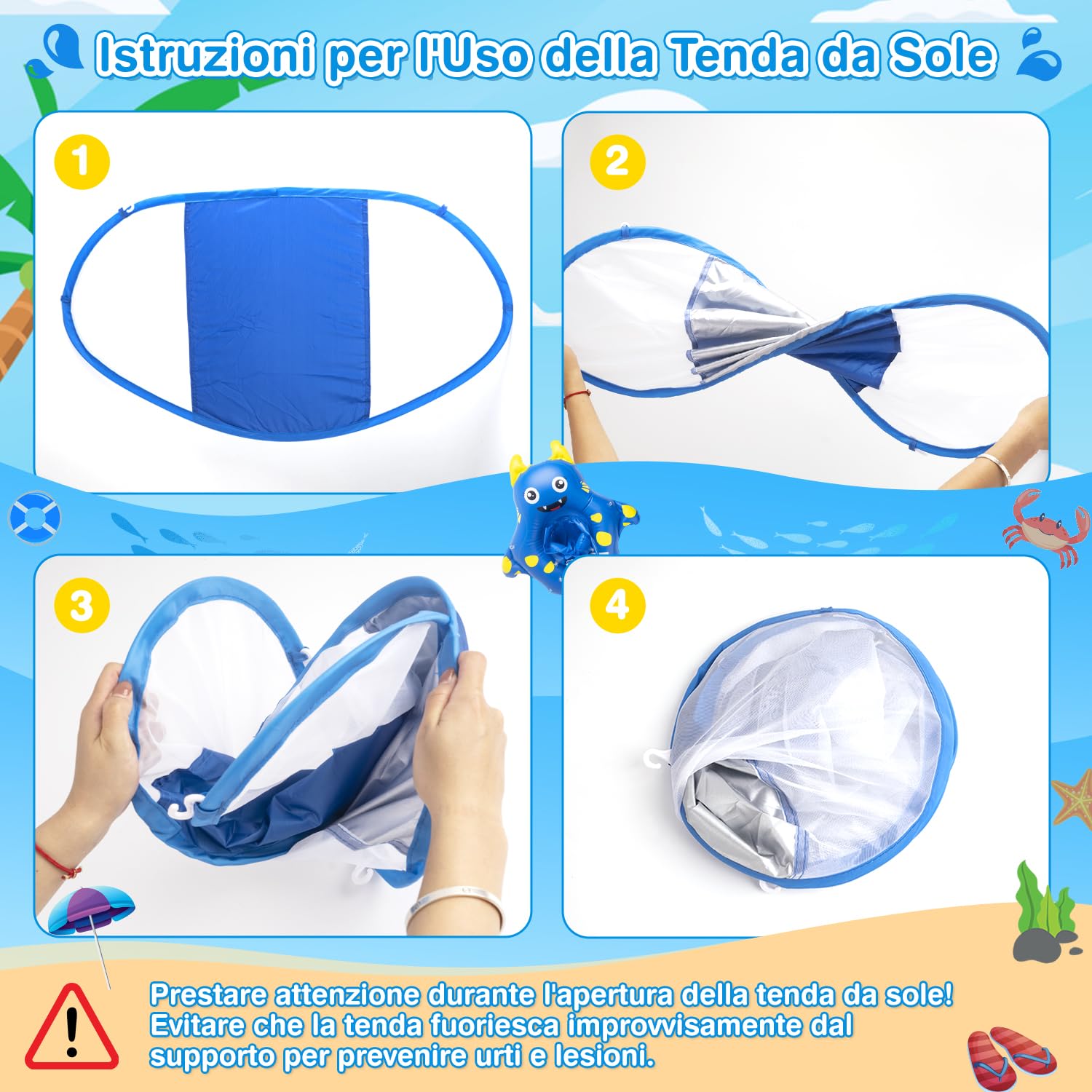 Salvagente Neonato con Parasole, Ciambella Neonato Mare UPF50+ Protezione UV, Anti-Ribaltamento, Sedile di Sicurezza Regolabile, Salvagent Gonfiabile Piscina per Bambini da 10 a 36Mesi