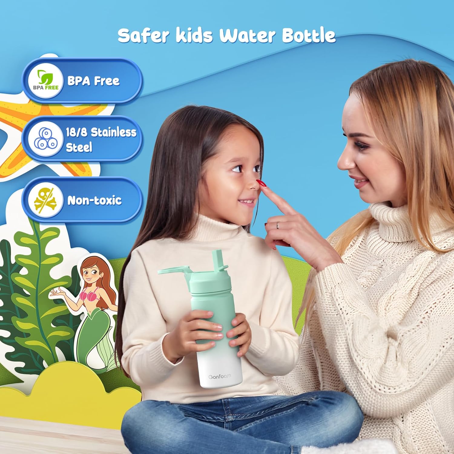 Kids Water Bottle, 16oz Kids Water Bottle with Stickers for School, insulated Stainless Steel Straw Cup(Green/White) - Image 4