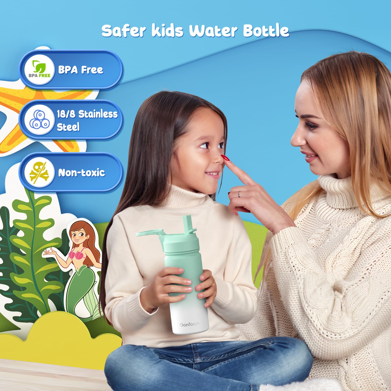 Botella de agua para niños, botella de agua para niños de 16 onzas con calcomanías y popote, taza de popote de acero inoxidable, botella de agua para la escuela (verde/blanco)