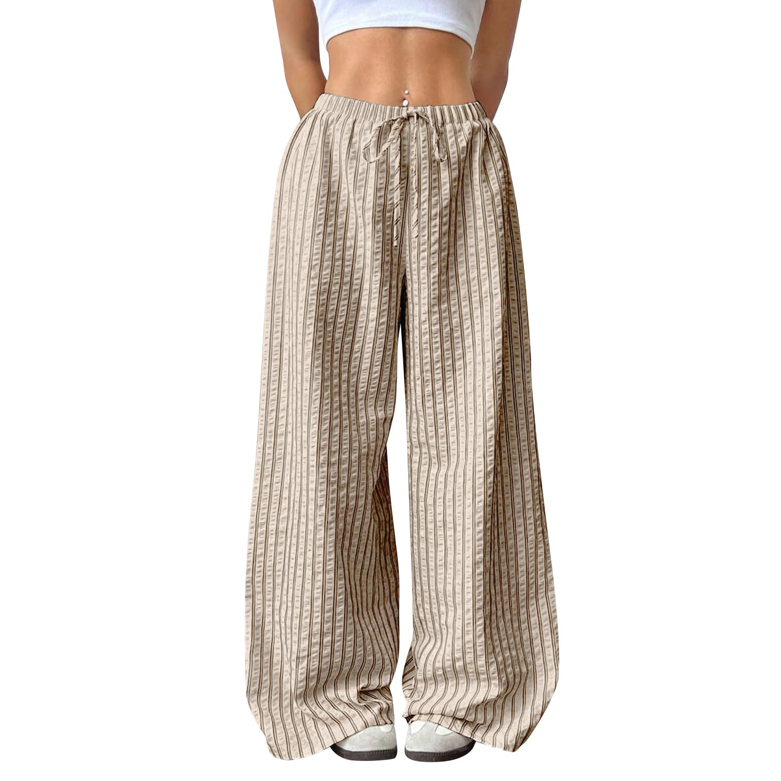 Drawstring Striped Pants Women Loose High Waisted Wide Leg Pants Trendy Casual Beach Pant Vintage Disco Pant