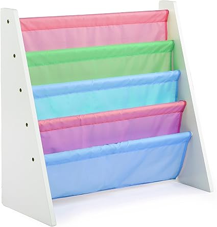 Humble Crew 4-Tier Kids Bookshelf, White Wood/Pastels - Premium Book Shelf for Kids Rooms with Four Deep Pockets - Toddler Sling Book Rack with Deep Sleeves, Nursery Bookcase Organizer
