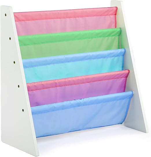 Humble Crew 4-Tier Kids Bookshelf, White Wood/Pastels - Premium Book Shelf for Kids Rooms with Four Deep Pockets - Toddler Sling Book Rack with Deep Sleeves, Nursery Bookcase Organizer