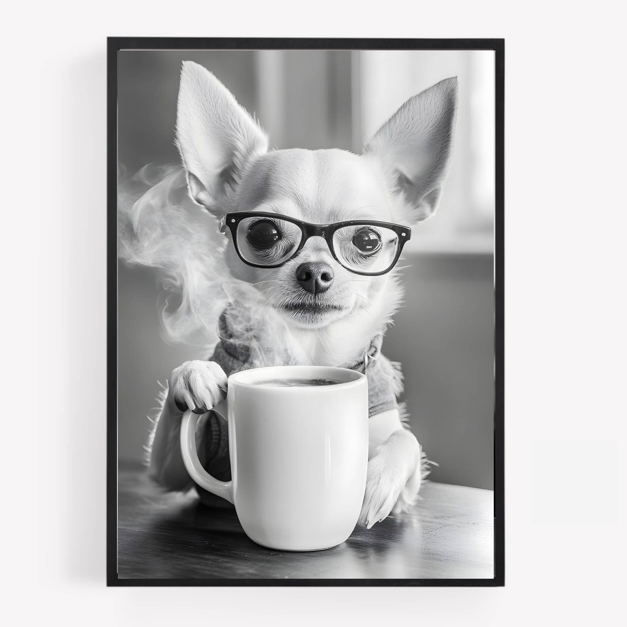 Gfc Monochrome Funny Chihuahua Dog Drinking Coffee Print Picture Poster Kitchen A4 Unframed Wall Art Home Decor Decorating Please Be Seated For Entire Performance