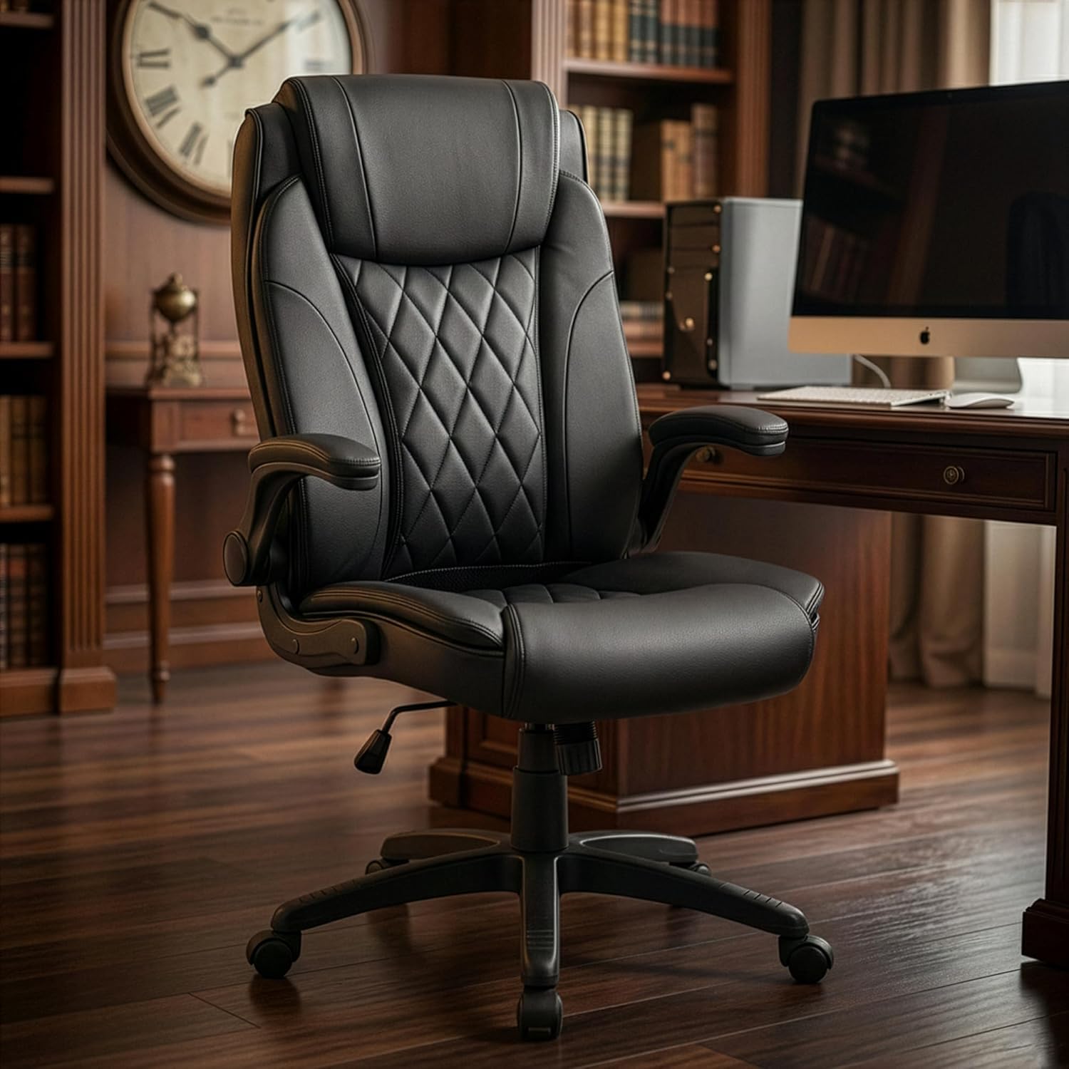 DROGO Dominus Ergonomic Office Chair for Work from Home | Computer Chair for Study | PU Leather Executive Boss Chair with Flip-Up Armrest, Wide Cushion Seat (Black)