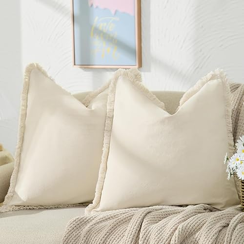 ZWJD Juego de 2 fundas de almohada de 20 x 20 pulgadas, color beige, con flecos, de algodón, decorativas, cuadradas, para sofá, cama, sala de estar,