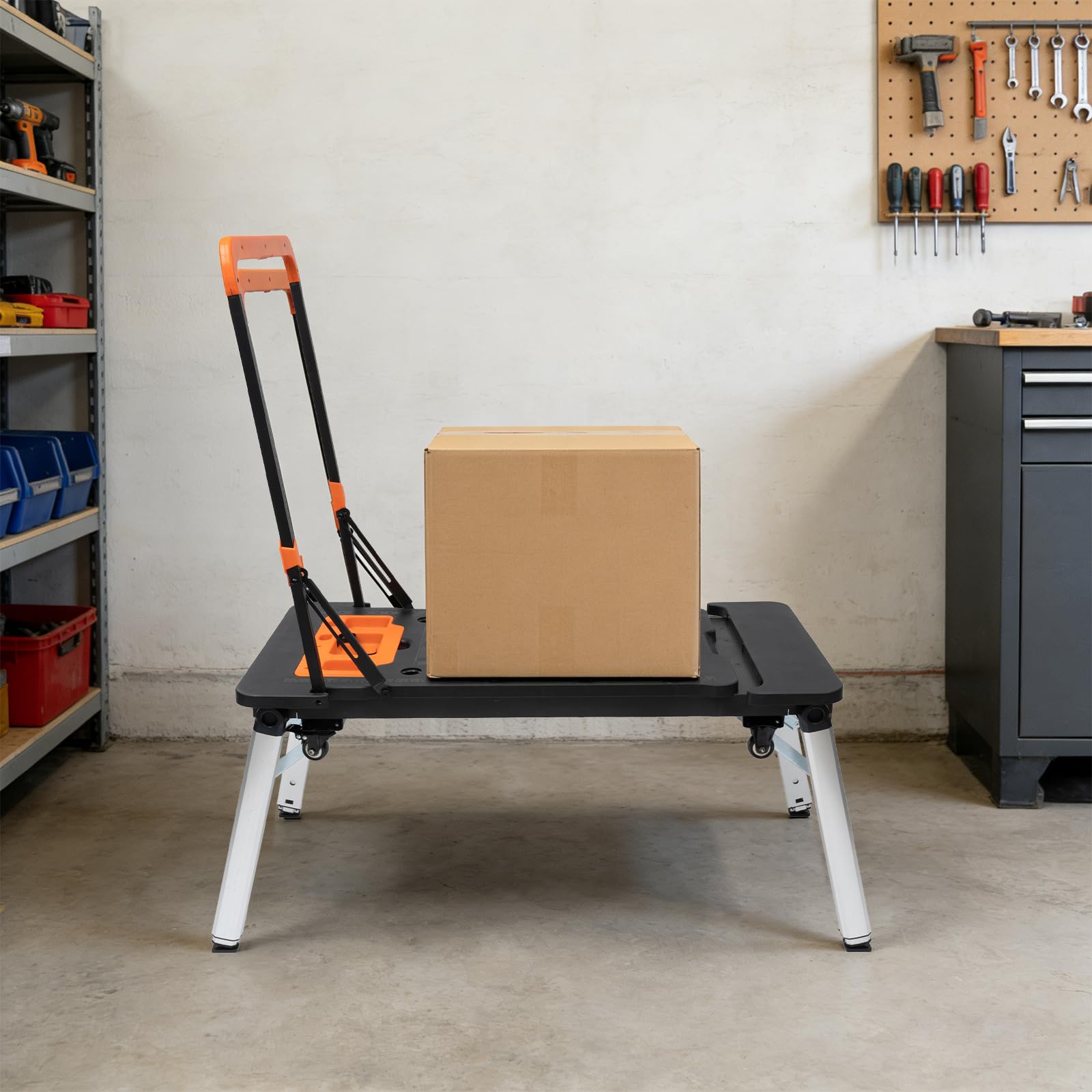 Banco pieghevole 7 in 1, banco pieghevole, piattaforma di lavoro, carrello da lavoro, altezza regolabile, 4 ruote bloccabili, carico pesante 250 kg, deposito attrezzi, garage cantiere officina, 139 x