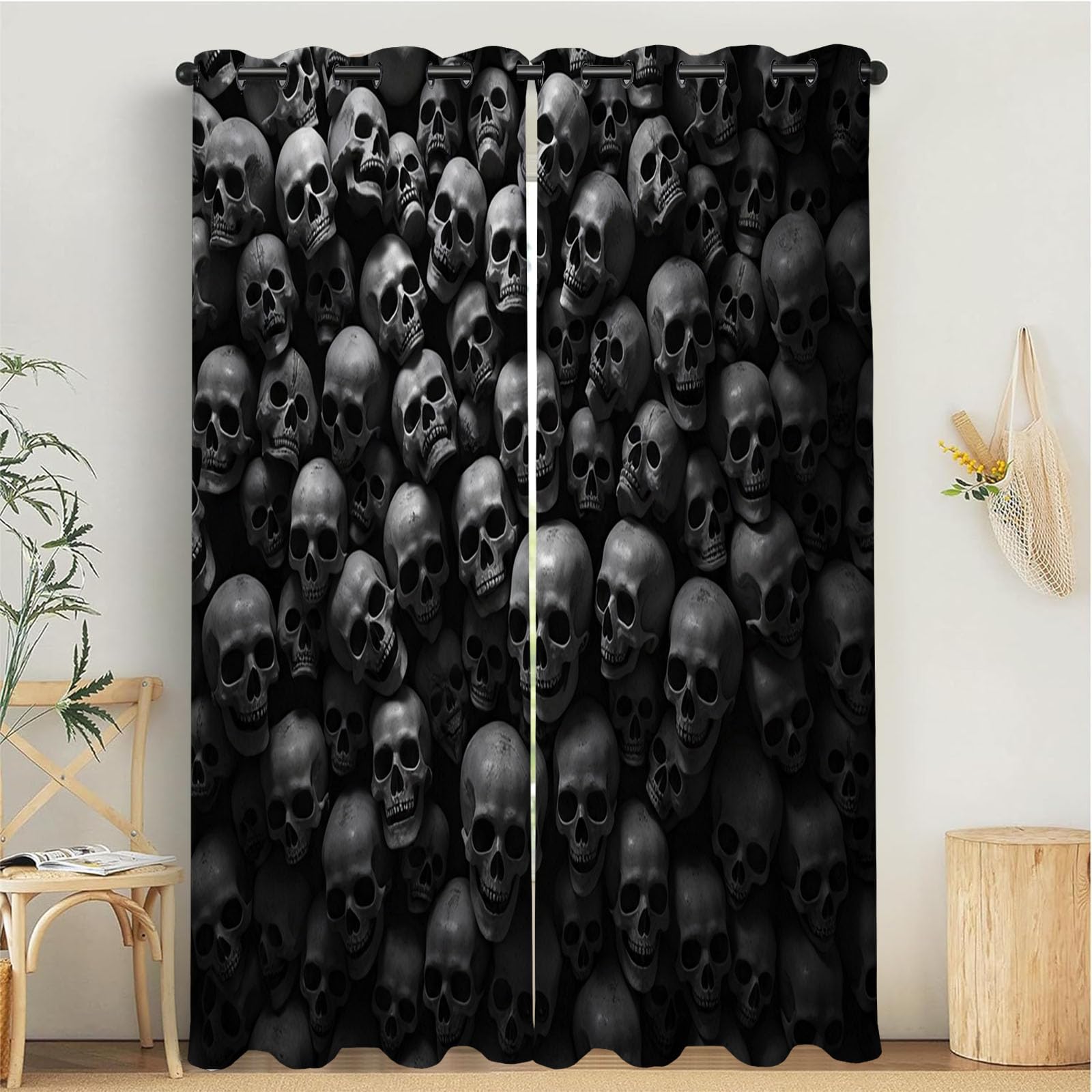 Rideau occultant motif humain crâne gris foncé pour fenêtre de chambre et salon à oeillets