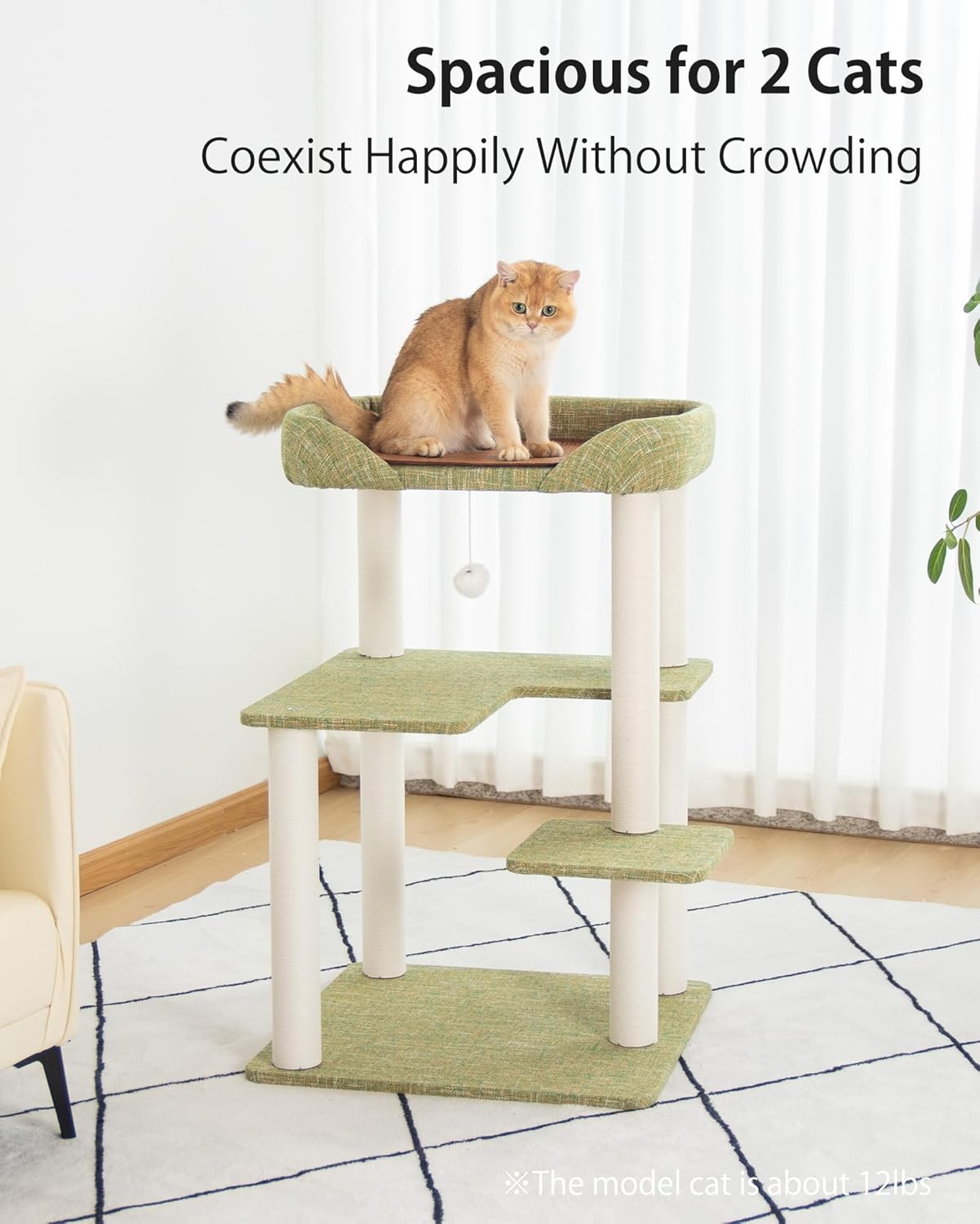 Cat Tree Tower 37.4'' (95 cm) with Scratching Posts,Multi-Level Cat Tree Tower with Wide Shelves for Senior Friendly Baby/Large Cats, Scratching Posts(Olive Green)