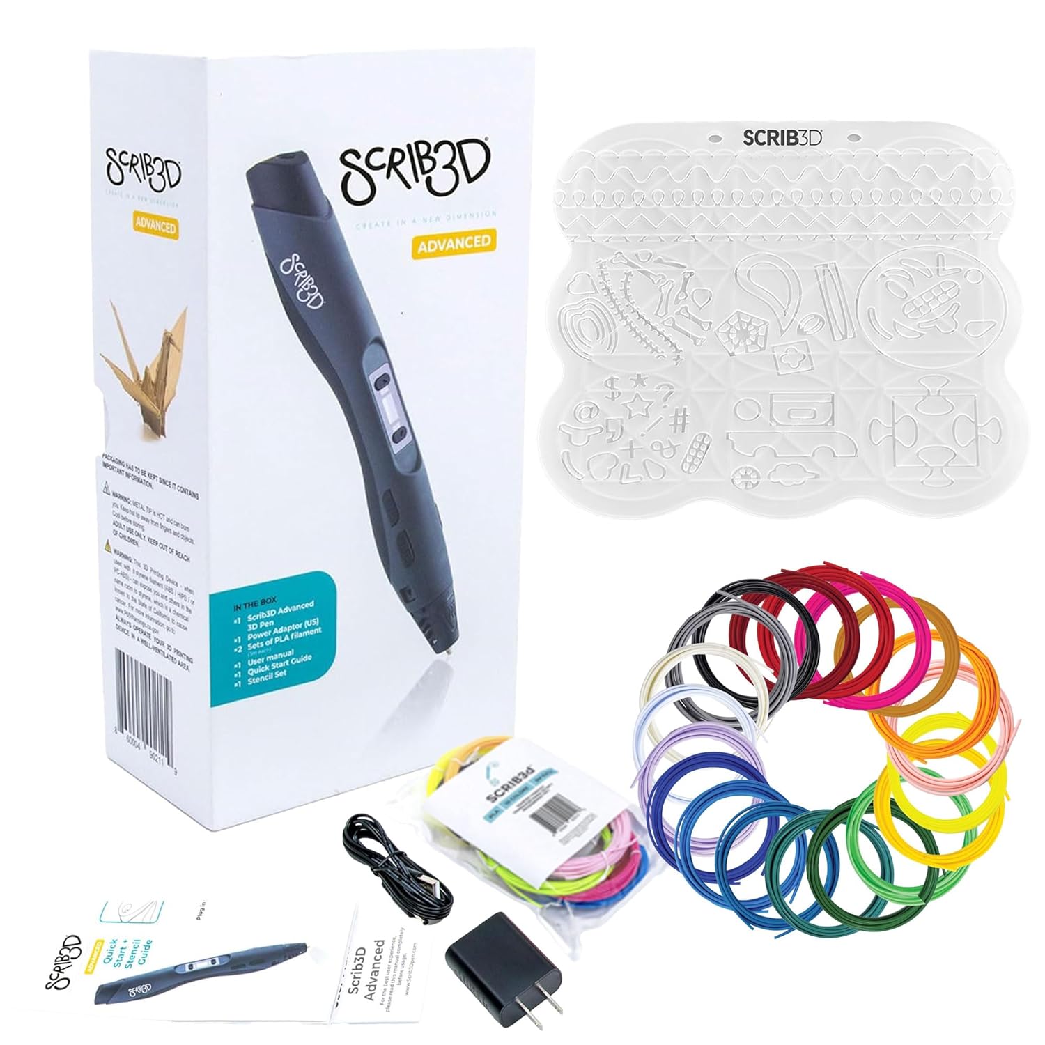 SCRIB3D Advanced 3D Printing Pen Bundle with Silicone 3D Pen Mat & 20-Color PLA Filament Refills, 320 Feet, 1.75mm – Includes Stencil Book, Project Guide & 20 Feet of Filament