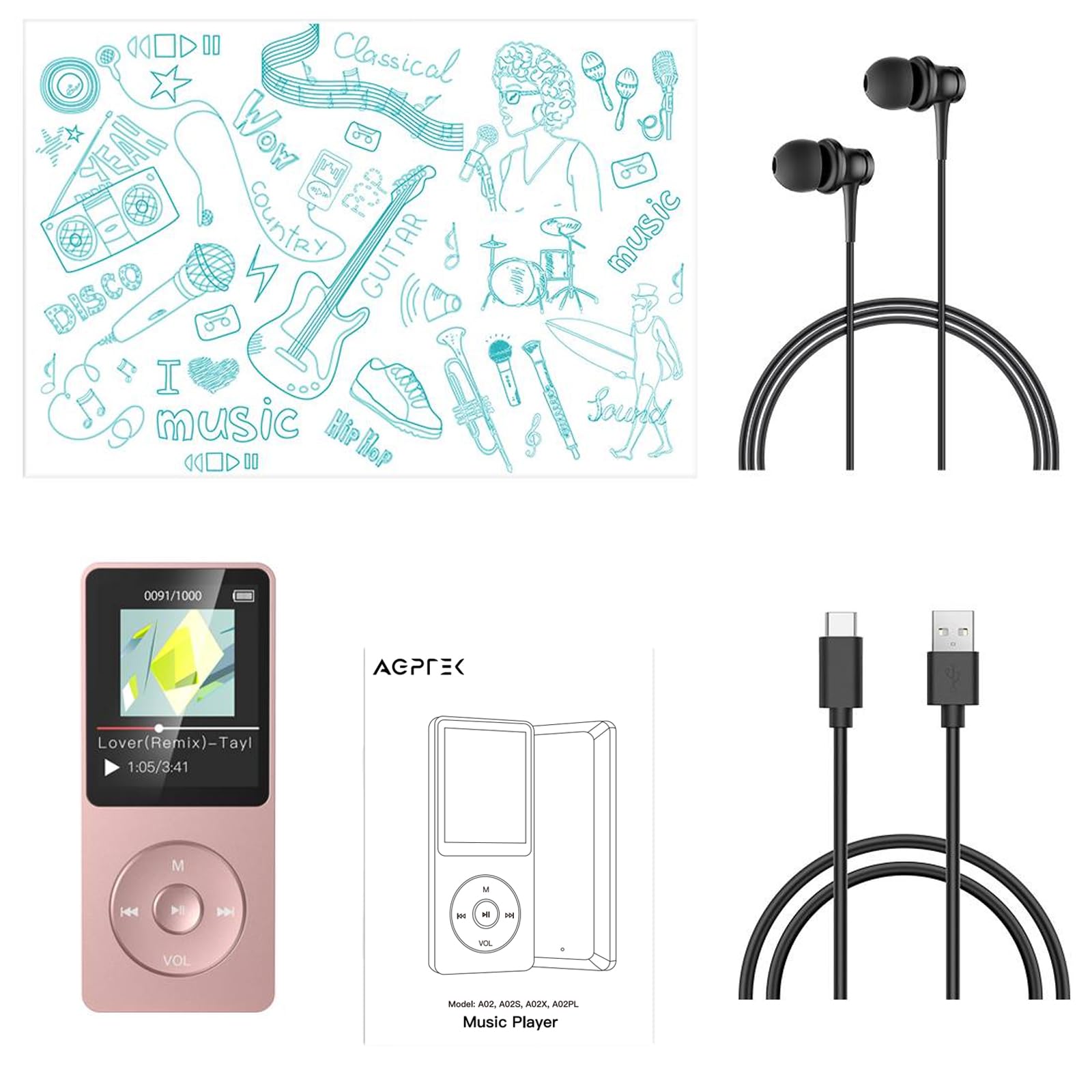 AGPTEK Lecteur MP3 Classique 64Go, Autonomie 70 Heures, Léger 30g, Hi-Fi, Baladeur Sport Enfant Adulte, Carte TF 128G - Rose