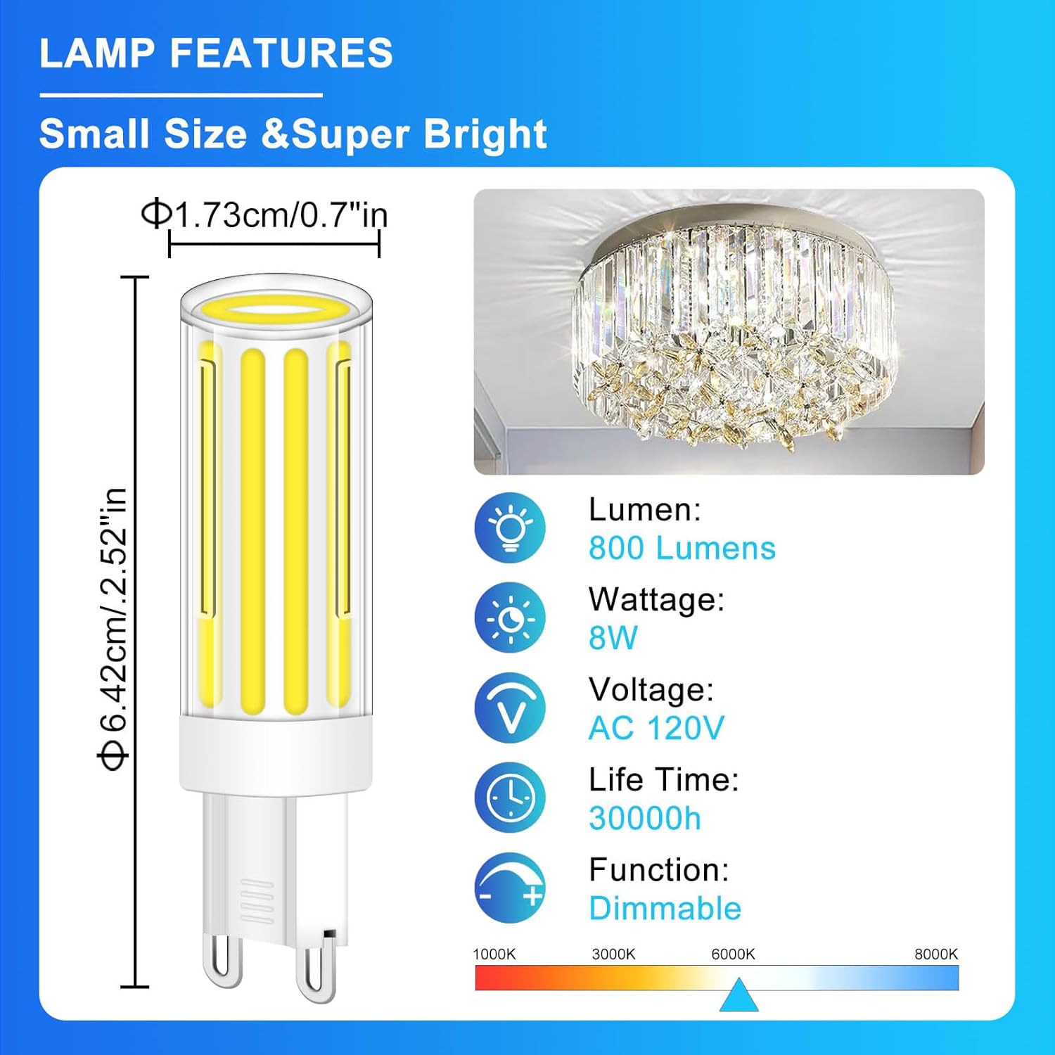 G9 LED Bulb Dimmable,60W 75W 80W Halogen Equivalent, Daylight White 6000K 8W 800LM T4 COB G9 Base LED Bulb Bi Pin Base Chandelier Lighting, No-Flicker 360°Beam Angle 120v Pack of 5