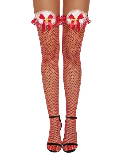 RSLOVE Women Christmas Thigh High Stockings Sexy Santa Fishnet Lingerie Red Hosiery Pantyhose - One Size - Red_medium Net