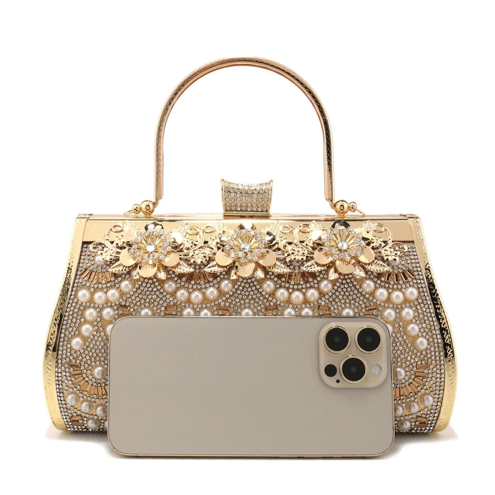 Abendtasche Damen Clutch Bucket Design Clutch Golden Glitter Elegantes Mädchen Abend Taschen Strass Steine Perlen Tasche Mit Griff Handtaschen Für Party