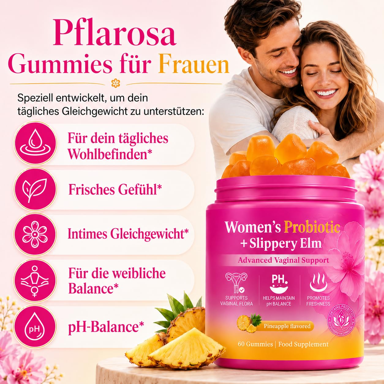 Probiotika Gummies für Frauen, 60 Stück – Cortisol Cocktail Routine, Milchsäurebakterienkulturen mit Roter Ulmenrinde & XOS, Ananasgeschmack, zuckerfrei, vegan, glutenfrei