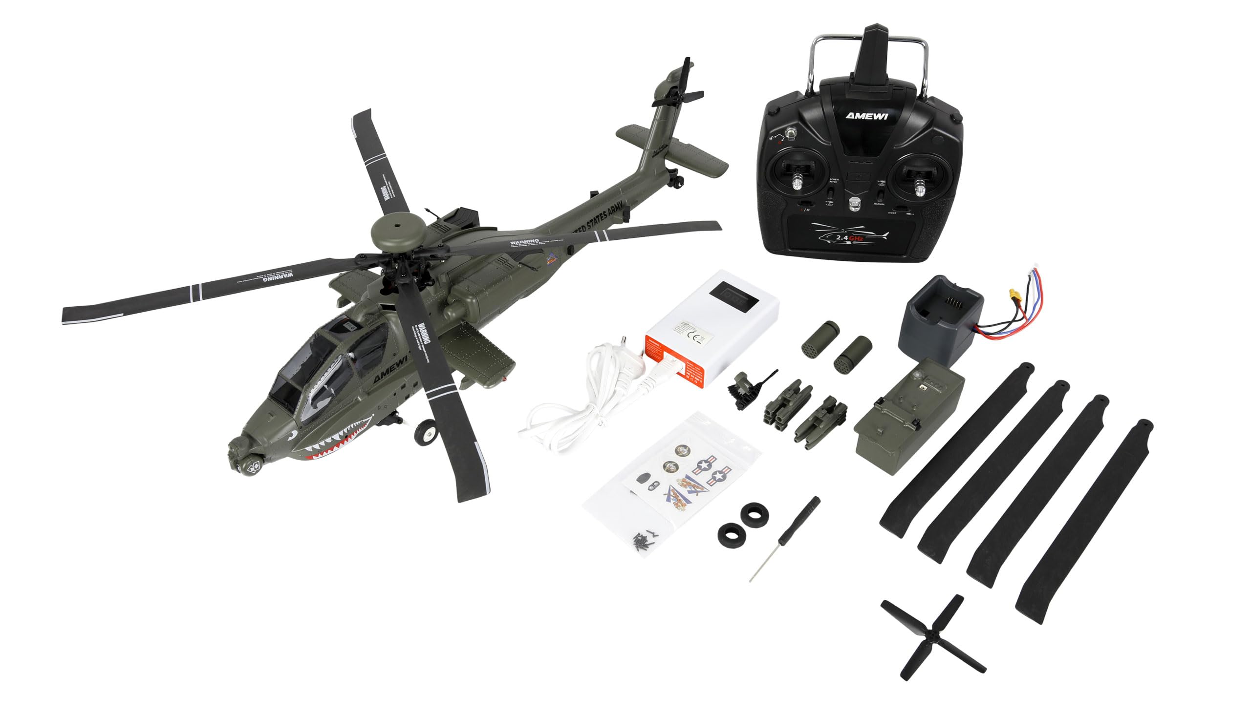 Apache AH-64D CP 6G/3D RTF - Helicóptero (Incluye Mando a Distancia, batería, Cable de Carga, Accesorios), Color Verde