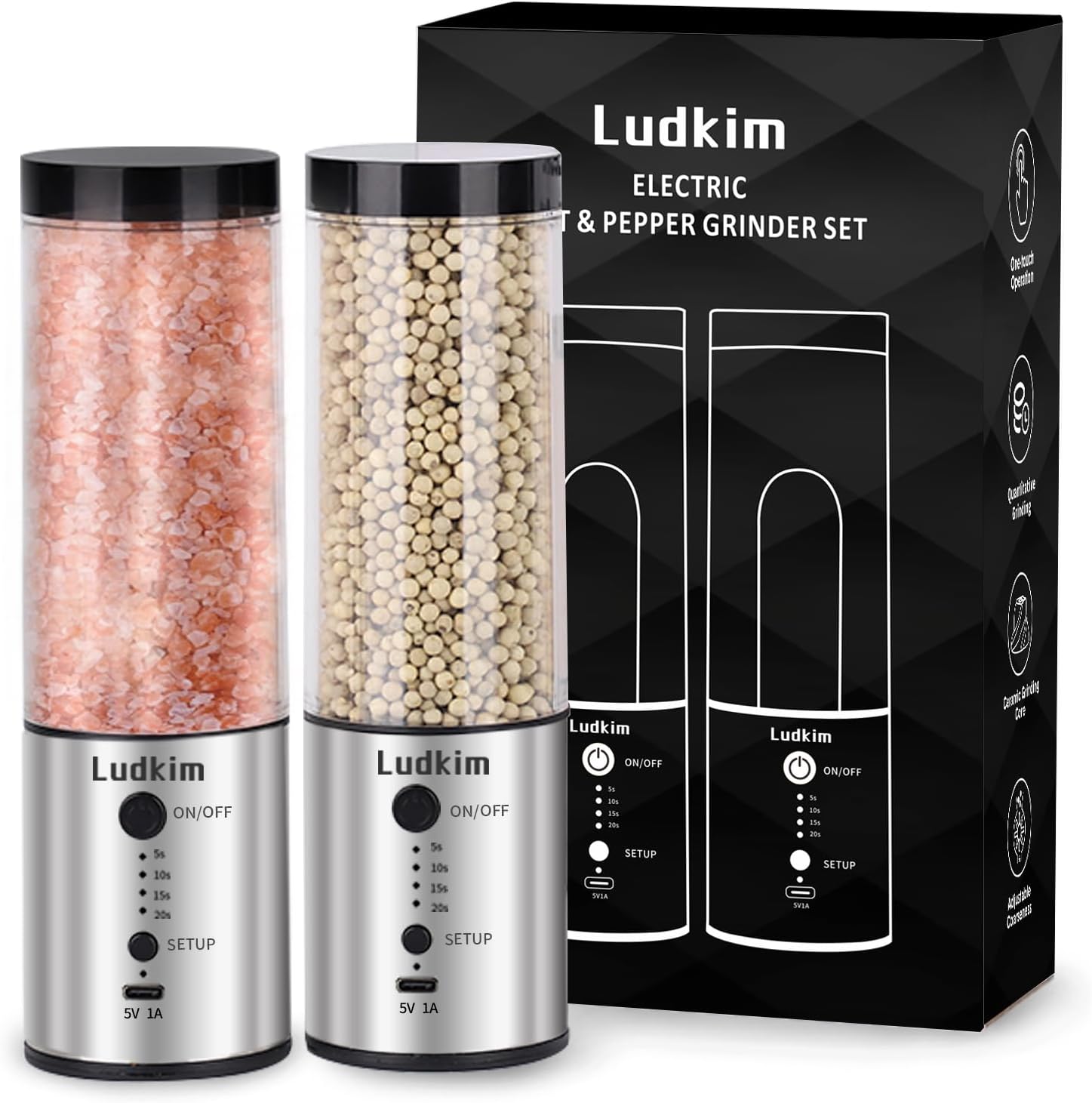 2PCS Electric Salt & Pepper Grinder- Rechargeable Automatic Stainless Steel Spice Pepper Mill, 240ml Large Transparent Chamber, Kitchen Appliances with External Adjustable Coarseness
