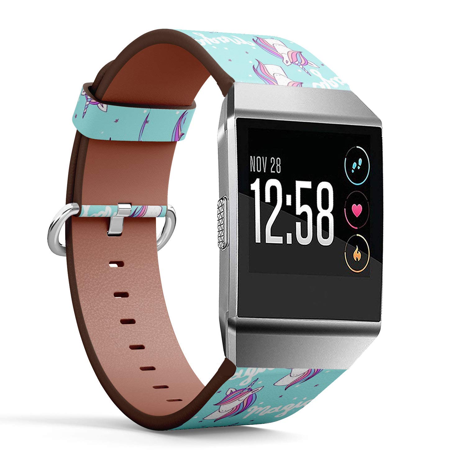 Compatible with Fitbit Ionic - Leather Wristband Bracelet Replacement Accessory Band + Adapters - Magic Cute Unicorn Stars
