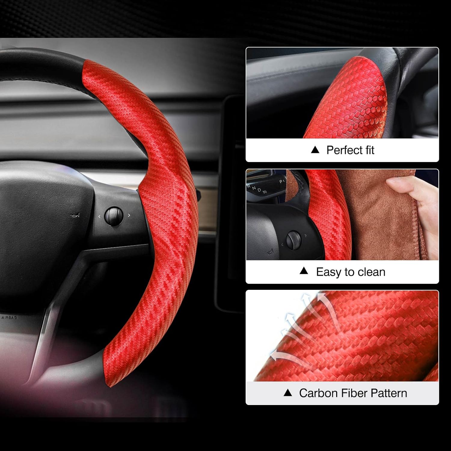 Steering Wheel Cover for Telsa Model 3/Model Y Accessories Carbon Fiber Steering Wheel Cover Protector Anti-Slip, Comfortable Grip, Breathable, Model 3/Y Accessories, Red - Image 2