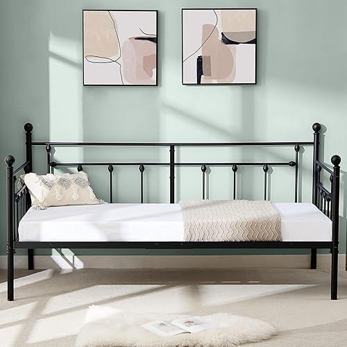 Miniatura 9 de VECELO Marco de sofá cama, cama de plataforma de metal tamaño individual con cabecero, listones de acero resistente soporte para sala de estar