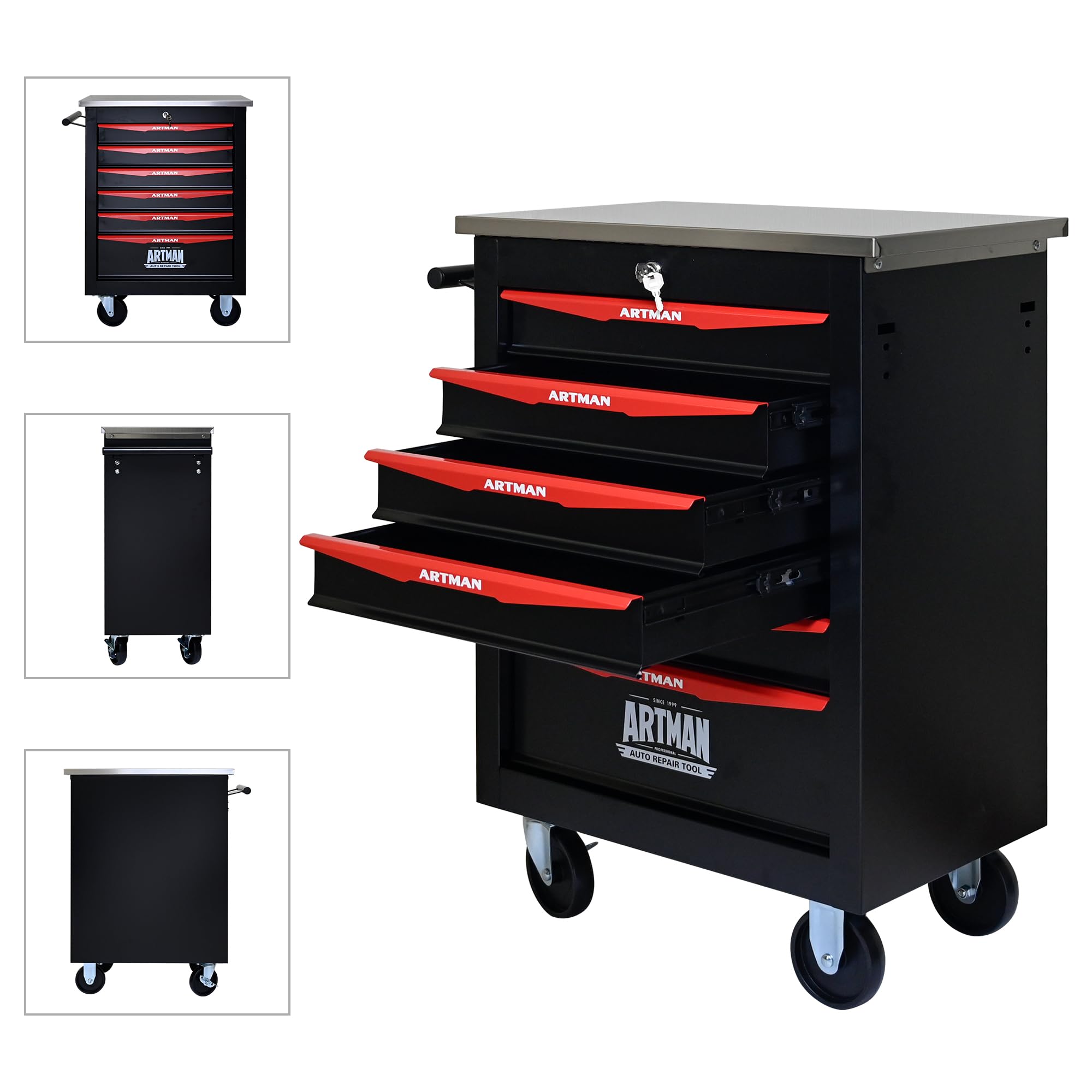 Carro de herramientas con ruedas, maletín rodante con 6 cajones, caja de herramientas de metal para garaje, taller, almacén, taller de reparación, carro de herramientas con techo de acero
