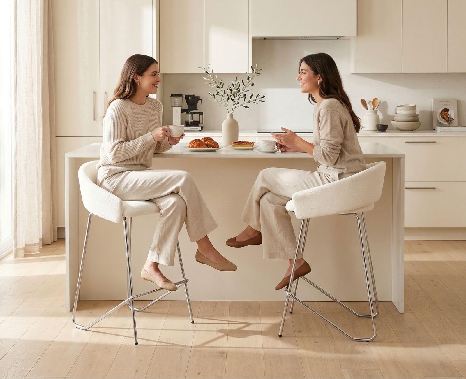chairus 2er-Set Moderne Barhocker, Metall Chrom Beine, Chenille-Bezug, Weiß
