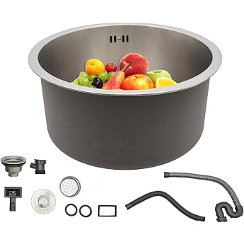 Stainless Steel Sink Round 304 Built-in Sink Small Diameter 41 cm Round Sink with Overflow Incl. Round Kitchen Sink Camping Sink with Filter and Sewer System