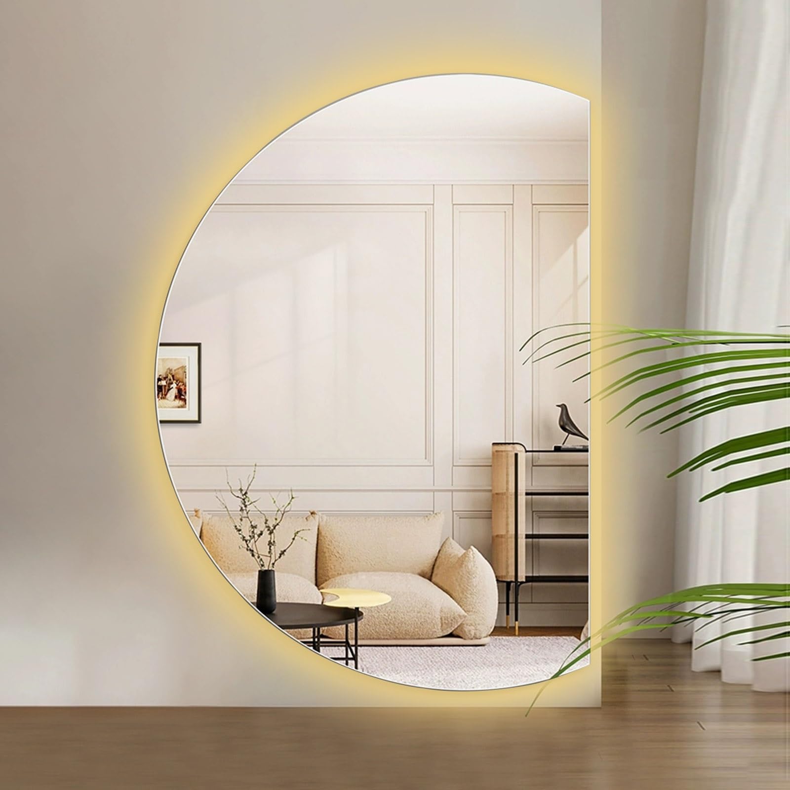 SXFSDOU 35"x24" Irregular LED Vanity Mirror with 3 Colors Light Backlight, 51"x35" Semicircle Smart Anti-Fog Dimmable Bathroom Mirror, Vertical Mount(Right Cut,90x60cm/35x24in)