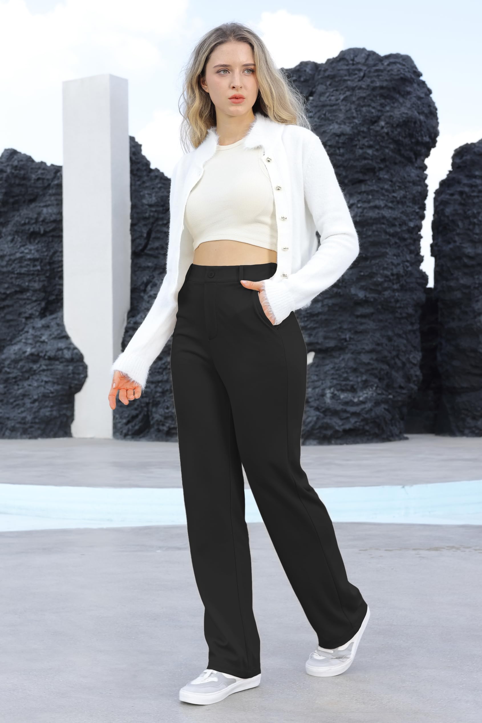 Bamans Damen Anzughose gerade geschnittene elastische Büro Damenhose | Hohe Taille, dehnbarer Stoff, elegante Optik für geschäftliche Termine sowie casual alltägliche Anlässe