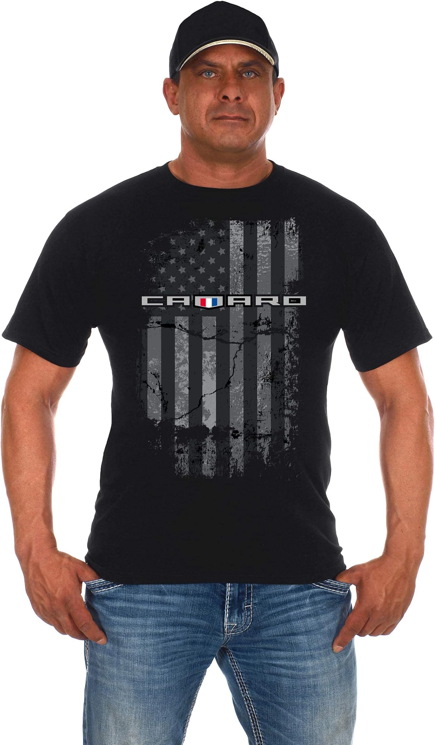 Men's Chevy Camaro Black T-Shirt Distressed American Flag