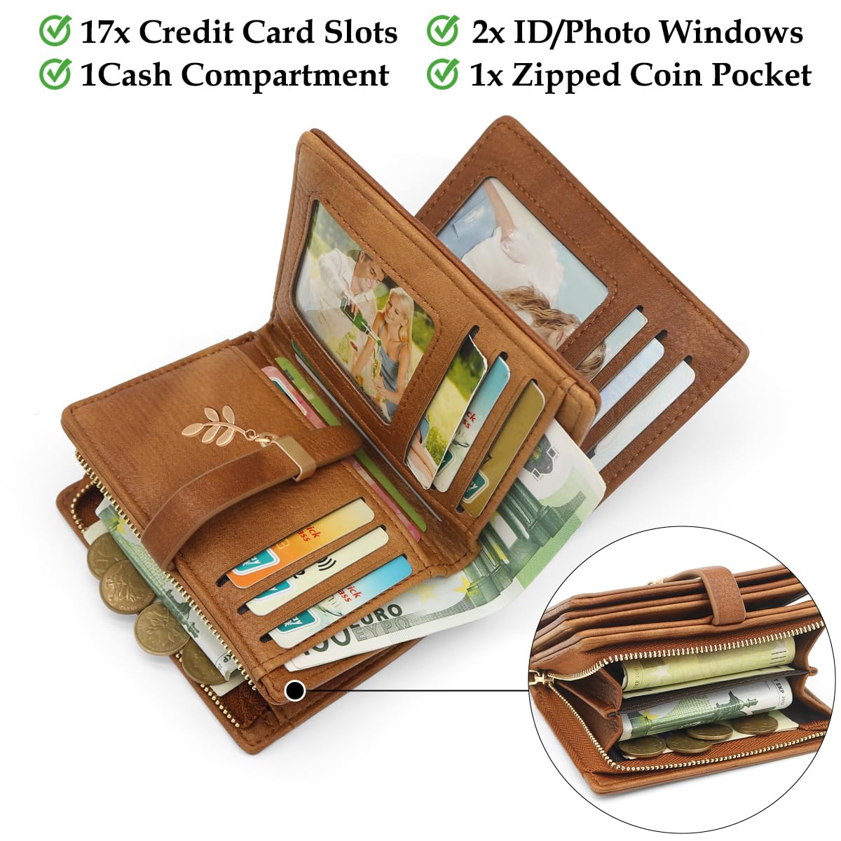 Portefeuille Femme en Cuir PU Petit Porte Monnaie Blocage RFIDFeuilles pour Femme Pochette 17 Emplacements de Cartes et Zippé Porte à Monnaie Porte Feuilles pour Femmes Court (Brun)