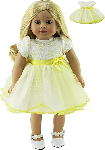 American Fashion World Vestido de lunares de encaje blanco y amarillo para muñecas de 18 pulgadas Calidad premium y diseño moderno Ropa de muñecas