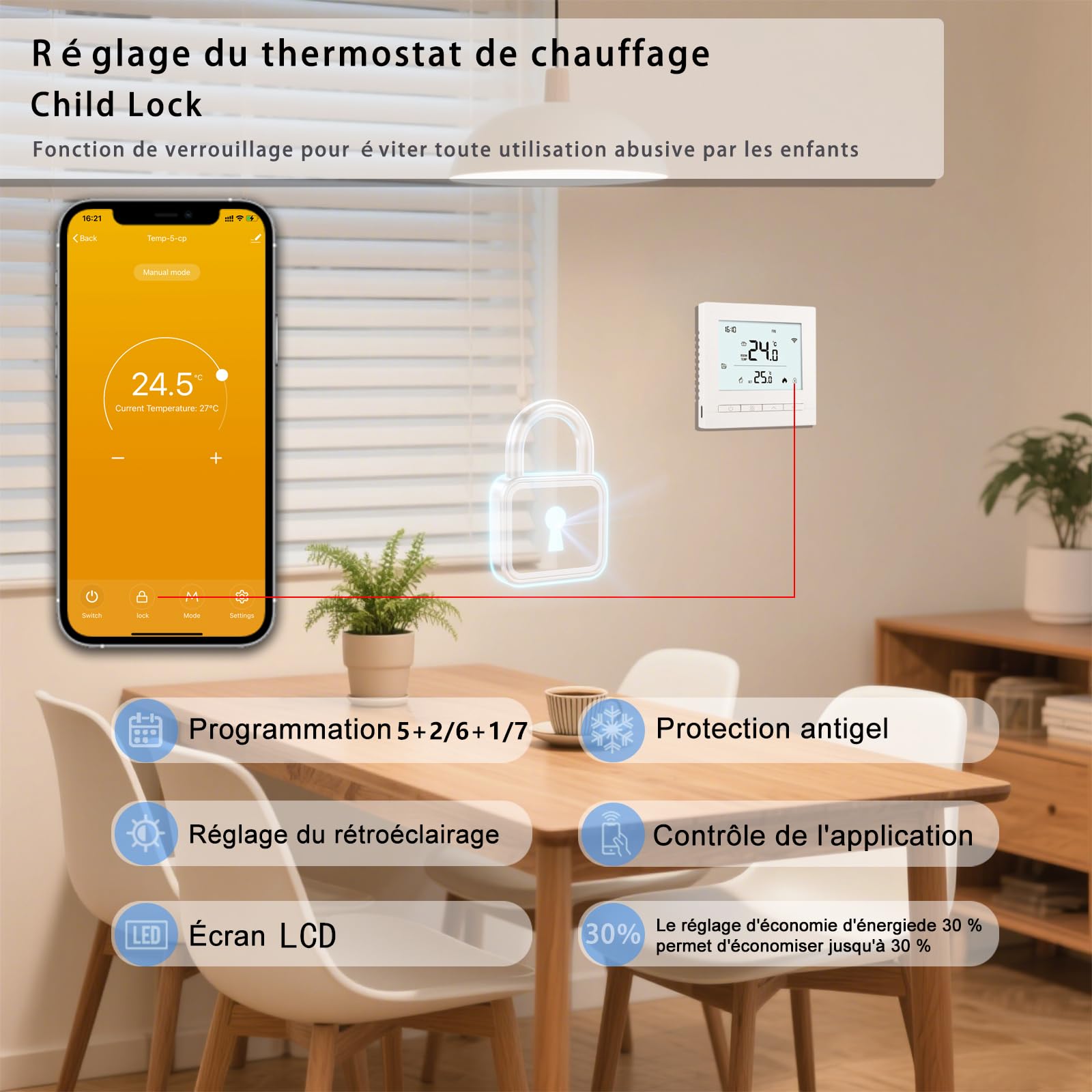 Thermostat Connecté WiFi pour Chauffage de Chaudière Programmable Thermostats d'Ambiance avec LCD Numérique Intelligent Tuya Thermostate de Chauffage à gaz pour Alexa,Google Home,3A Blanc