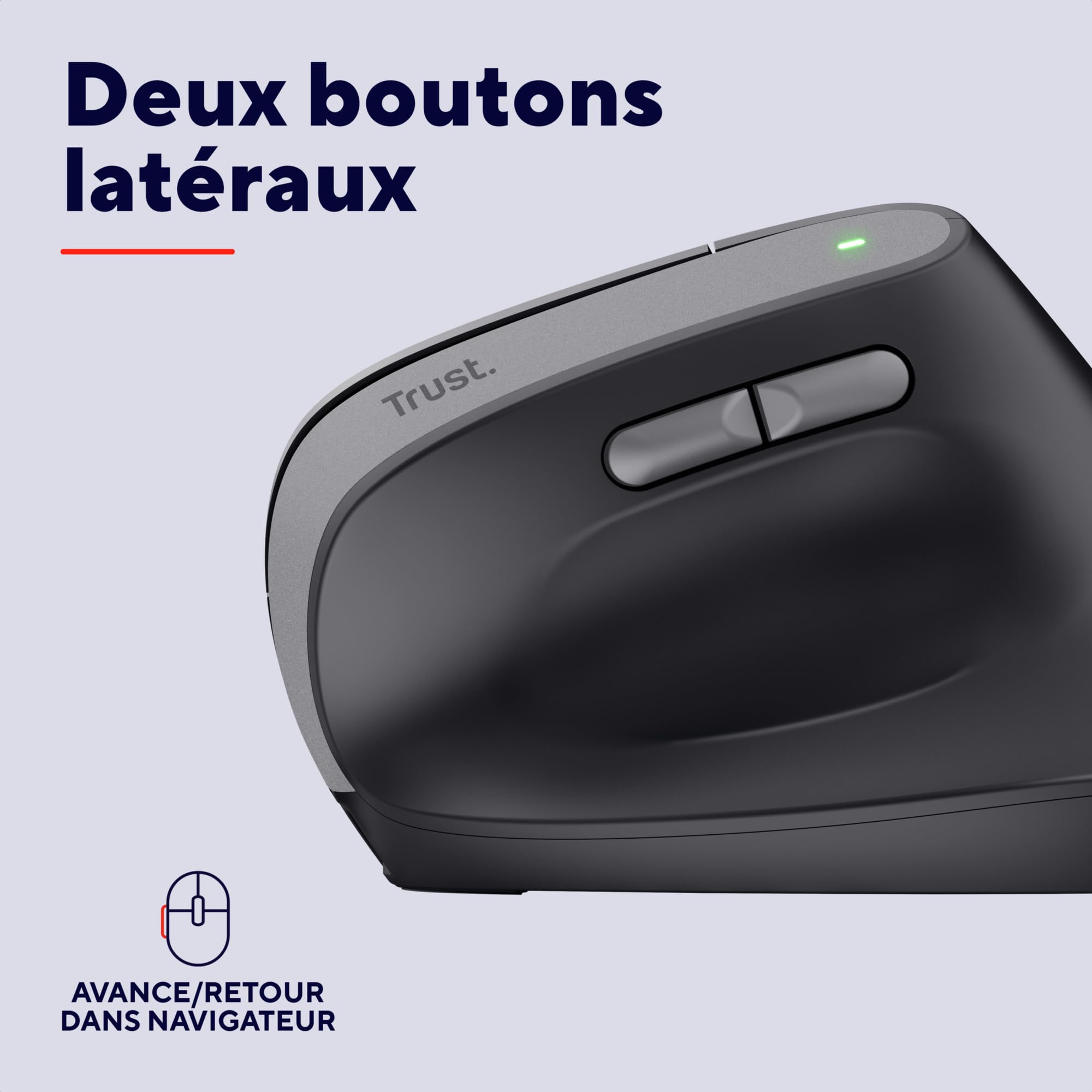 Trust Yuno Souris Ergonomique sans Fil, Souris Verticale Rechargeable, Récepteur USB 2,4GHz, DPI Réglable (800-2400), Capteur Optique, 6 Boutons, 70% Plastique Recyclé, Macbook, Ordinateur, HP - Noir