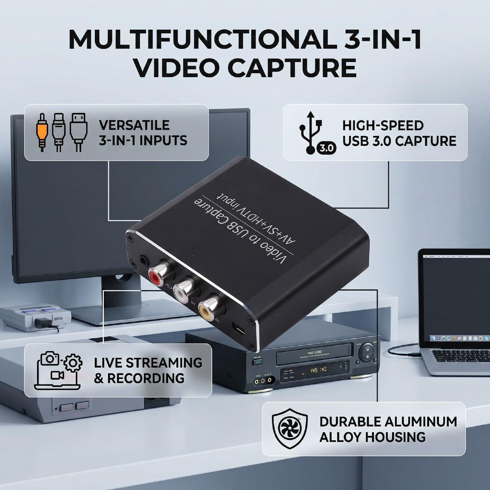 banapoy Convertidor Dispositivo Tarjeta Captura Video USB 3.0, Dispositivo Captura Transmisión para Creadores Contenido, Transmisores,Profesionales,Interfaz Multimedia AV S-Video HD