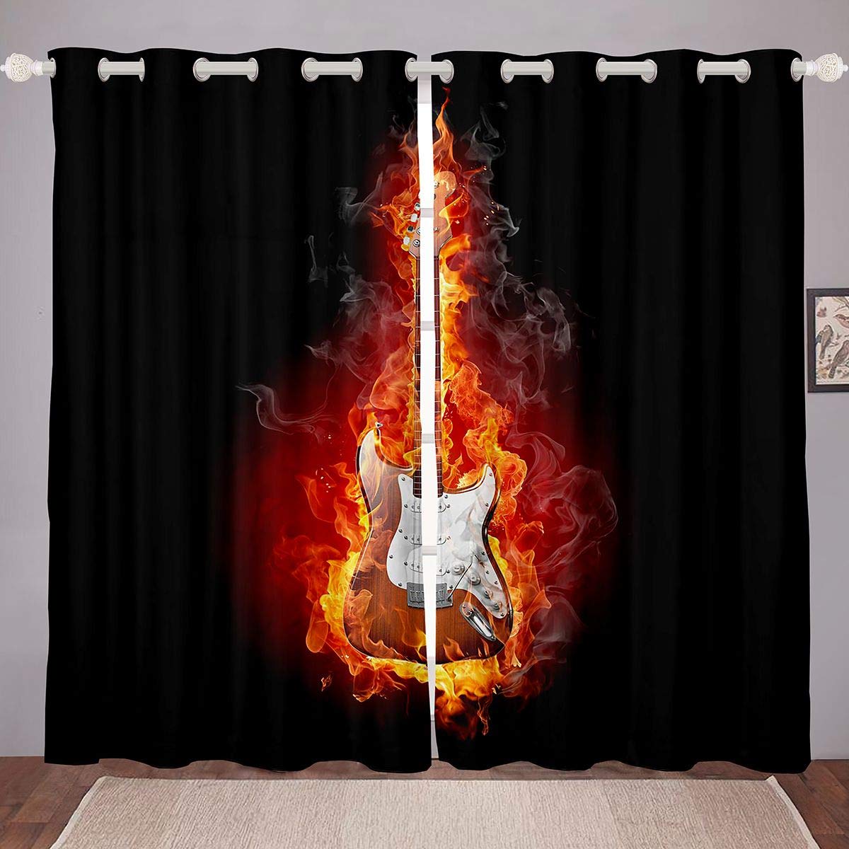 3D Electric Guitar & Music Notes Window Curtains - Teal, Velvet, Grommet Top, 52x84 Inch Per Panel (Set Of 2) - View #2