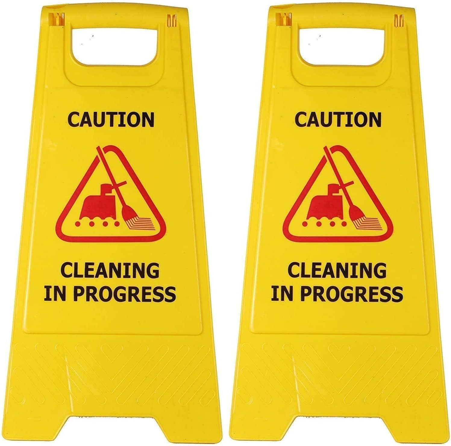 Cleaning In Progress Standing Caution Sign Boards – Yellow ABS Plastic Safety Warning Signs – Pack of 2
