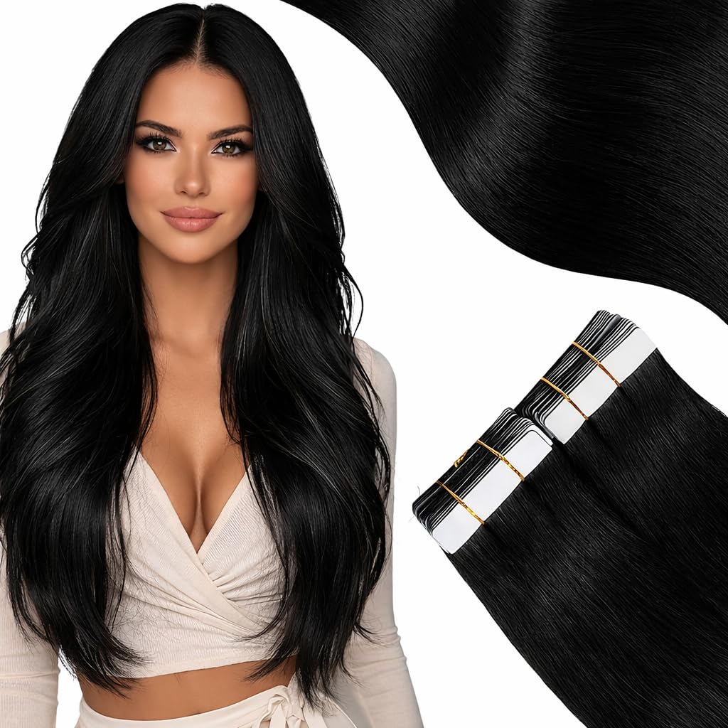 Moresoo Natural Black Tape in Extensions Real Human Hair Invisible Tape ins Extensions Off Black Skin Weft Tape in Human Hair Extensions for Women #1B