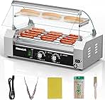 Seeutek Hot Dog Roller 5 Rollers 18 Hot Dogs Capacity 1100W Stainless Hot Dog Toaster, Hot Dog Machine W/Dual Temperature Control Glass Hood Acrylic Cover Warmer Shelf Removable Oil Drip Tray