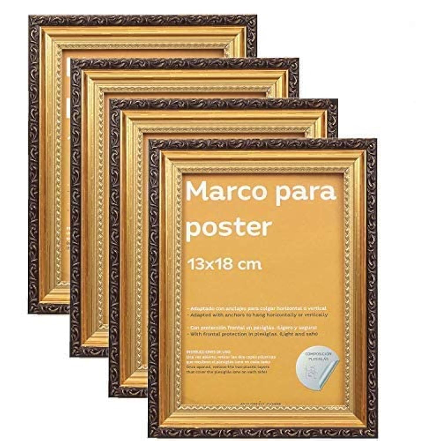 Nacnic - Pack 4 Marcos de Madera MDF Dorado y Vidrio Acrílico | Protección y Expositor de Fotografías, Láminas, Pósters, Cuadros y Decoración para Salón, Dormitorio u Oficina | 13x18 cm