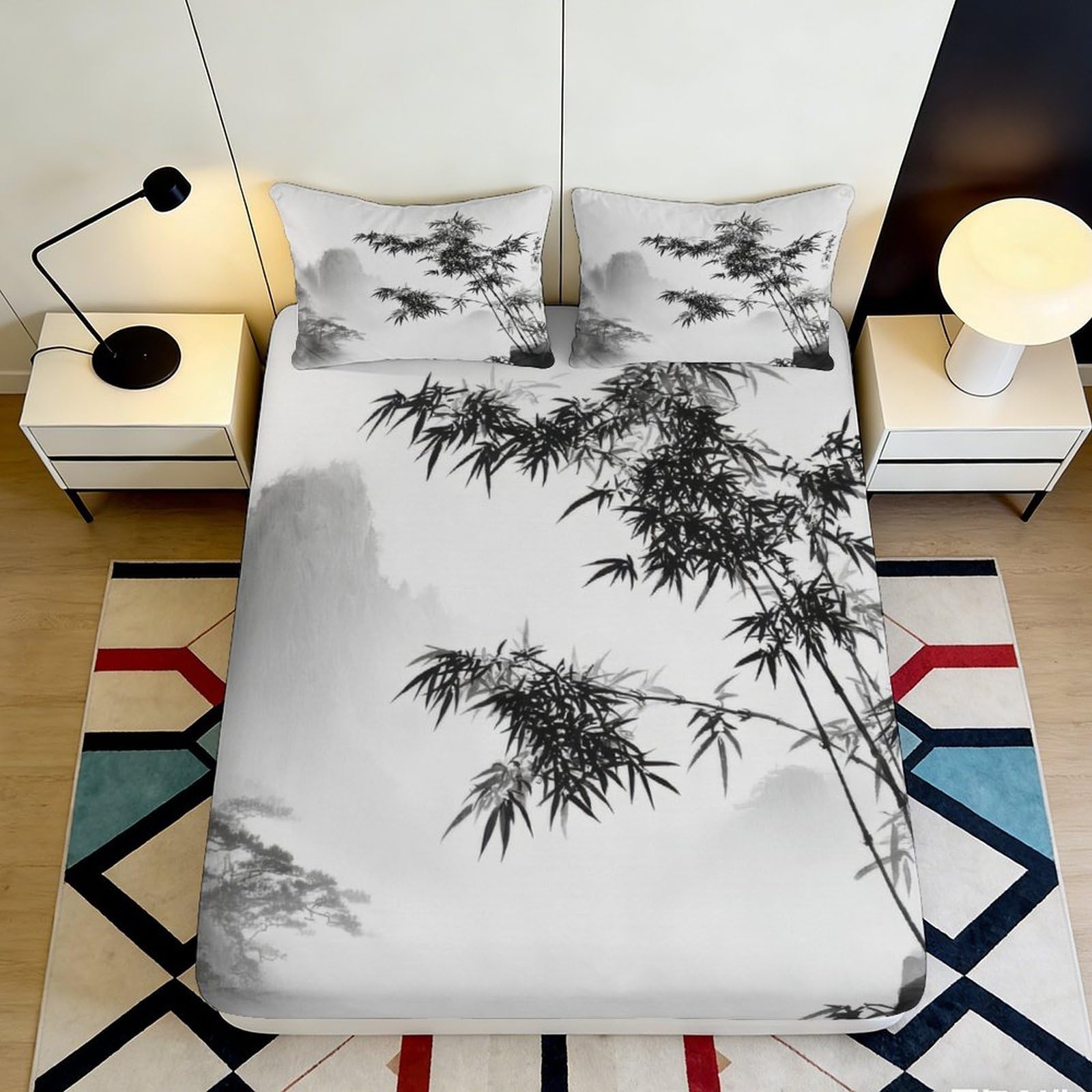 3D Printed Ink Bamboo Fitted Sheet Microfiber Soft Breathable Misty Forest Mattress Cover for Bedroom Dorm Decor 140x200x25cm