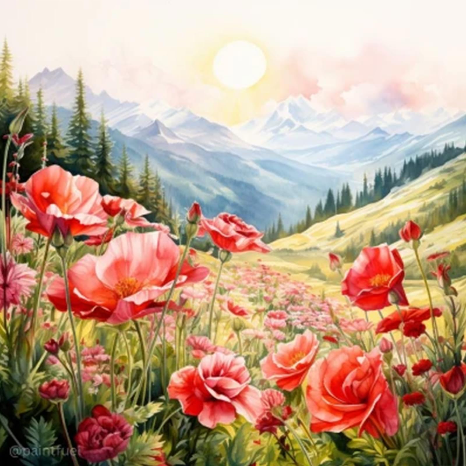 Poetrydraw E7120 Flowers & Mountains Full Diy 5D Round Drill Diamond Art Kit Home Decor 40X40cm (E7120)