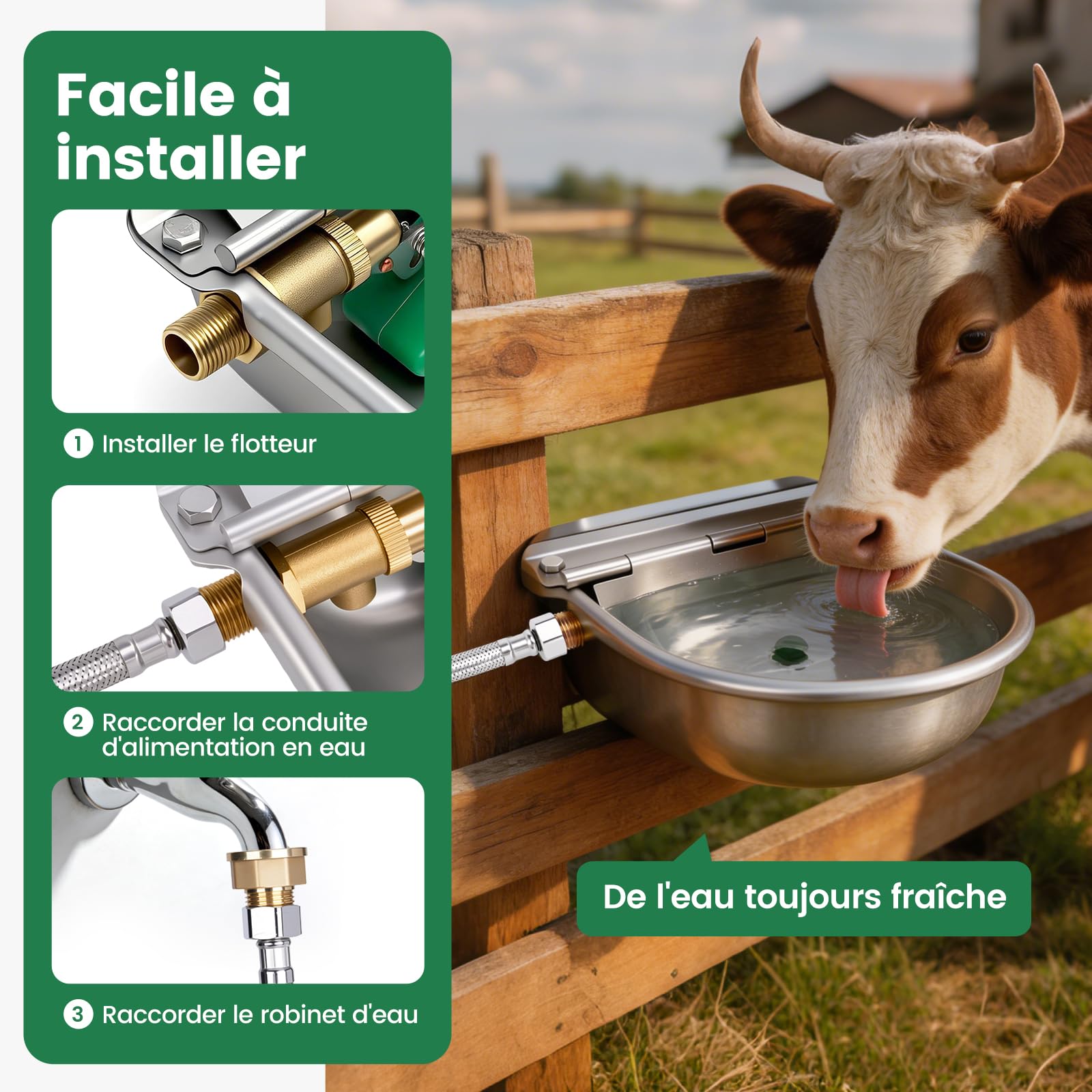 Abreuvoir Automatique en Acier Inoxydable 4L, Abreuvoir pour Chevaux et Bovins avec Vanne Flottante en Laiton et Trou de Vidange, Adapté aux Chevaux, Bovins, Chèvres, Moutons et Chiens