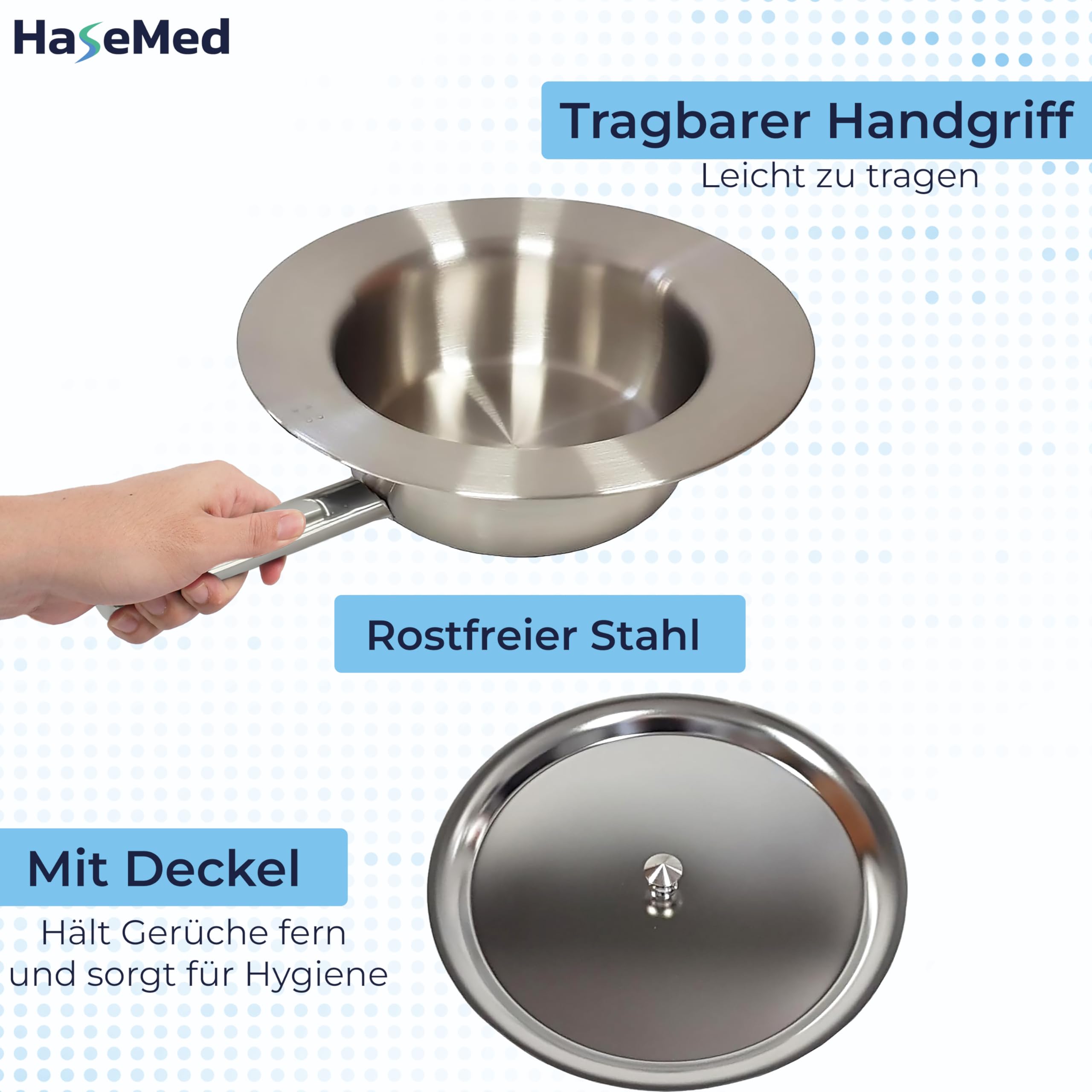 HaseMed Steckbecken mit Deckel – Edelstahl, 31 cm, 1 Stück – Hygienisches Pflegebett-Zubehör für Klinik & Zuhause – Wiederverwendbar, rostfrei & leicht zu reinigen – Bettpfanne für Erwachsene