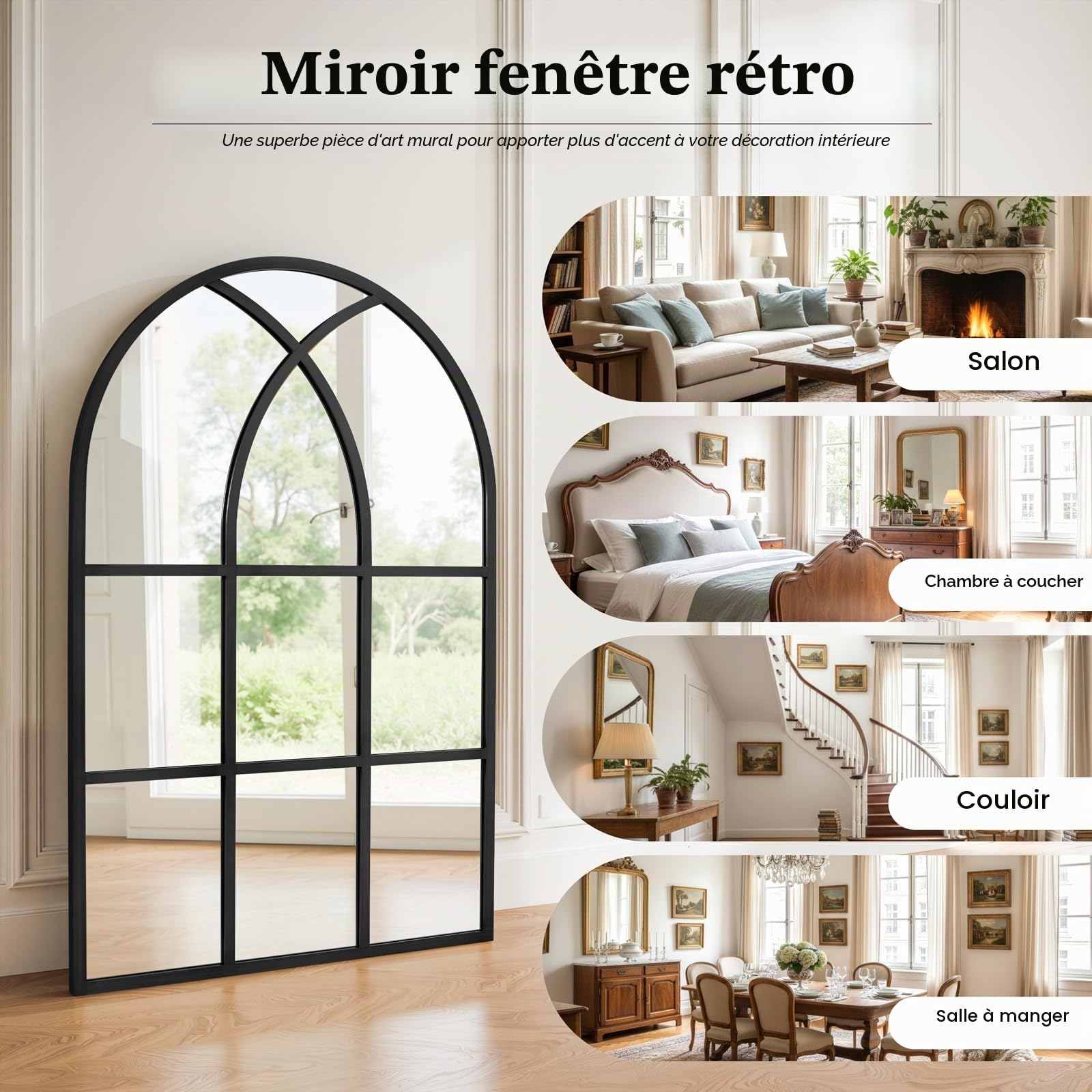 Miroir de fenêtre arqué noir rustique 60 x 90 cm pour intérieur, salon, couloir, entrée, décoration de jardin extérieure