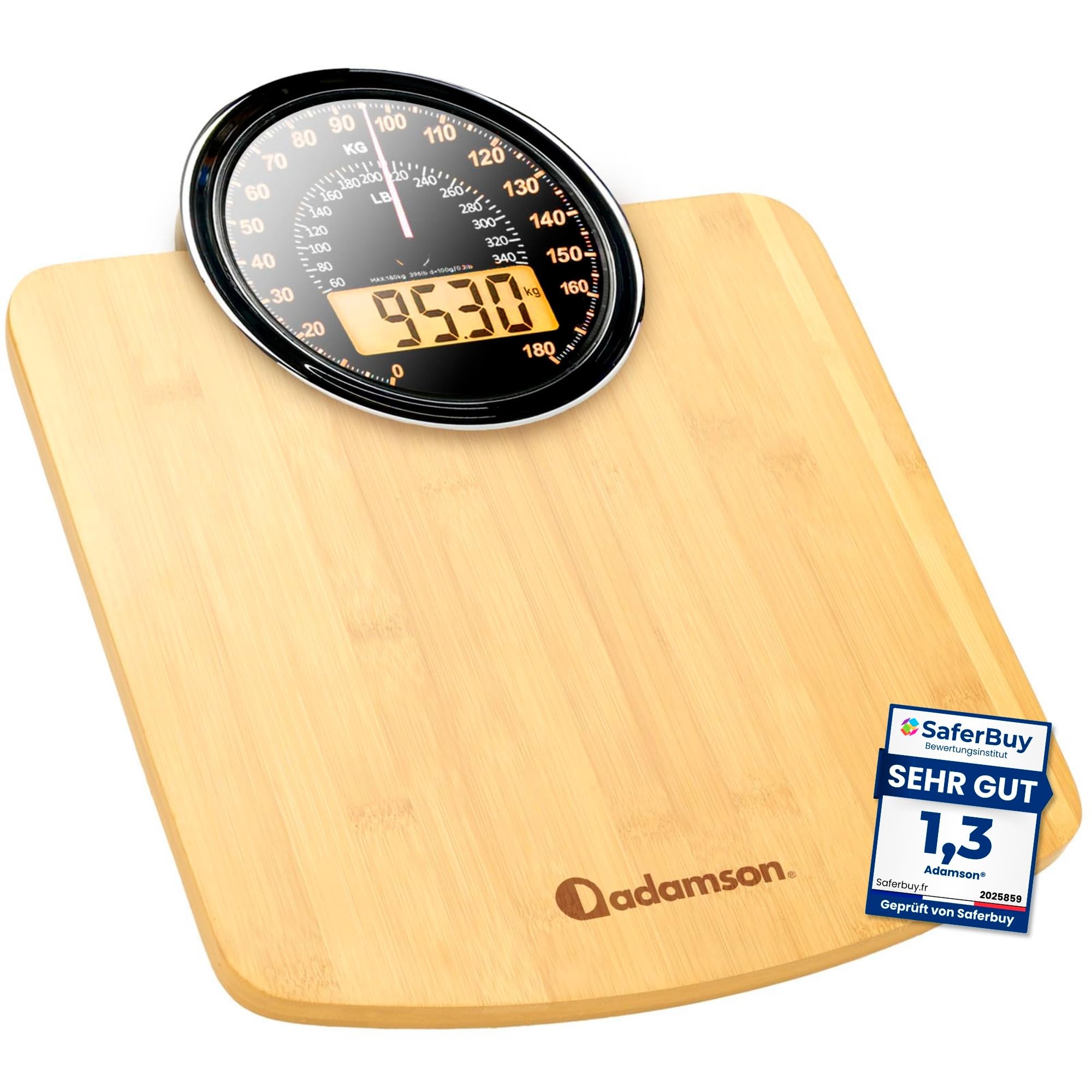 Hybrid Personenwaage - Analog & Digital, Präzise bis 180 kg | Gewicht auf Analogzifferblatt und LCD ablesen. Breite Glasplattform, 3 AAA Batterien inklusive, sofort einsatzbereit.