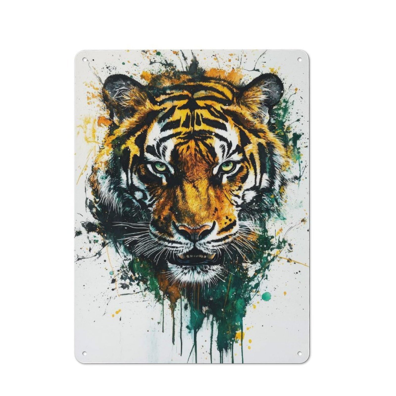 Fierce Tiger Watercolor Art Print Bold Wall Decor for Nature Lovers Tiger Portrait with Splashes... Industrial-style Tin Sign 40x30cm for Garage Or Workshop, for Garage, Workshop And Man Cave Decora